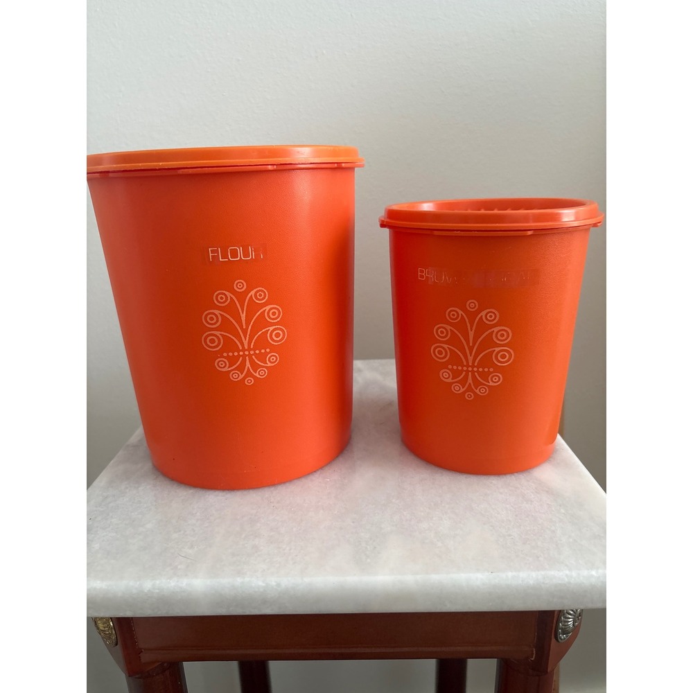 Vintage Tupperware Orange Servalier Canister Set Flour Brown Sugar Sunburst Lids